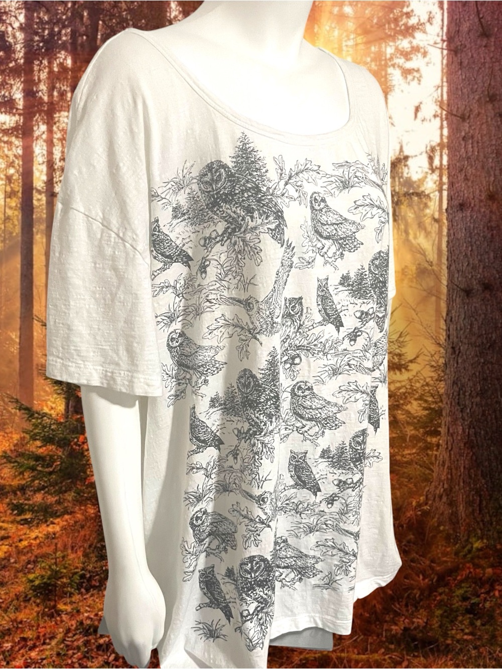 April Cornell Owl in the Woods Graphic Scoop Neck Tee Cream Cottagecore XL/XXL - Picture 6 of 12